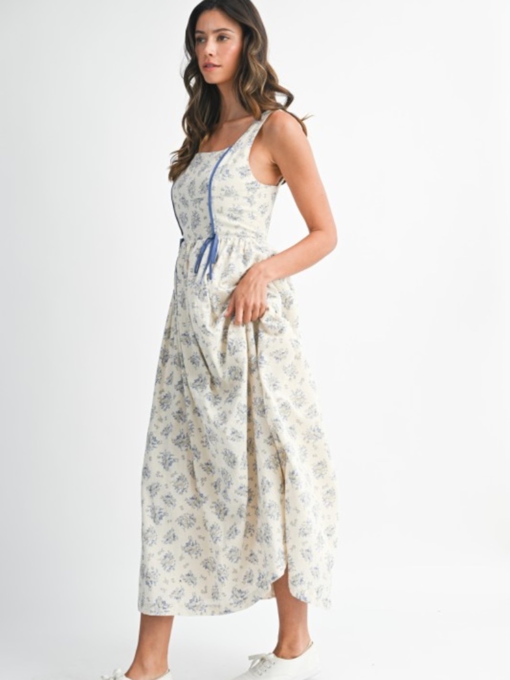 Floral Print Square Neck Contrast Pipinig Dress - Picture 3 of 8